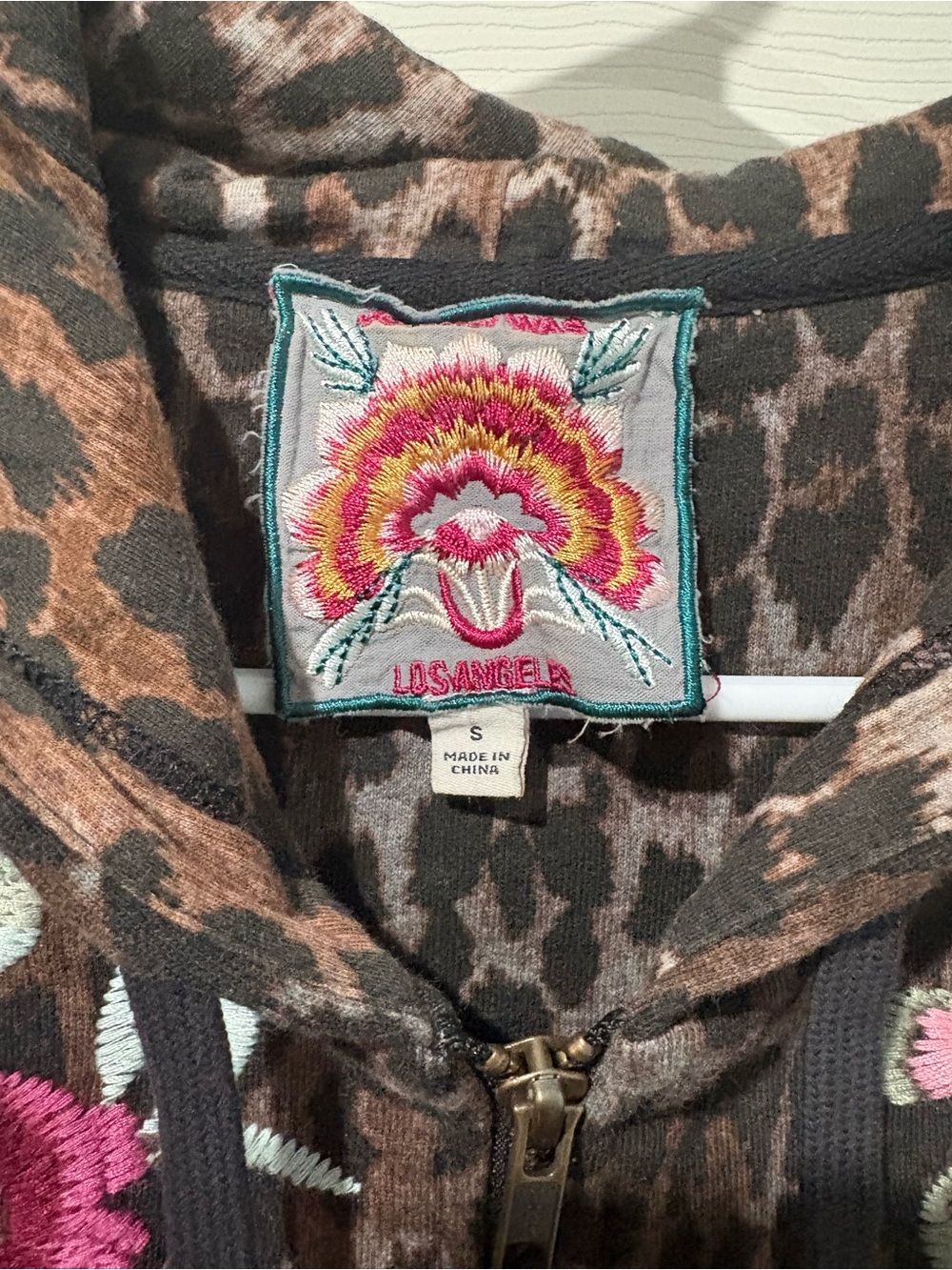 Johnny Was Brown Erin Athletic Zip Up Hoodie with Leopard Pink Rose Embroidery - Picture 3 of 5